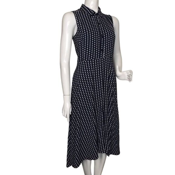 LESLIE FAY Dress, 10, Navy/White Polka Dots, Sleeveless/Collar, Side Zip - Picture 3 of 13